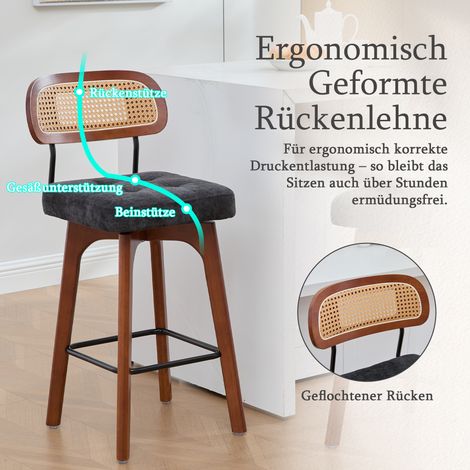Set di 2 sgabelli da bar girevoli a 360°, sgabelli da cucina e da bar per la colazione con schienale, schienale in rattan con seduta imbottita, sgabelli da bar in stile moderno di metà secolo (nero, t (1/5)