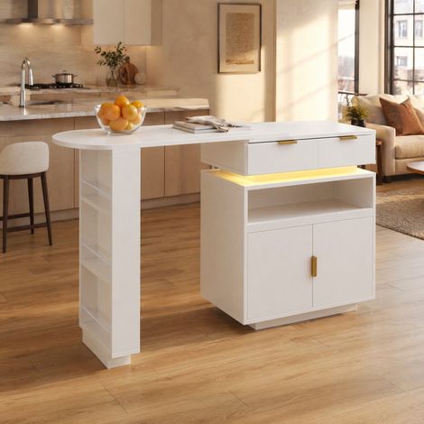 Mesa alta extensible con almacenaje y LED, 115-183 x 40 x 99,5 cm, blanca DESVIAE (1/5)