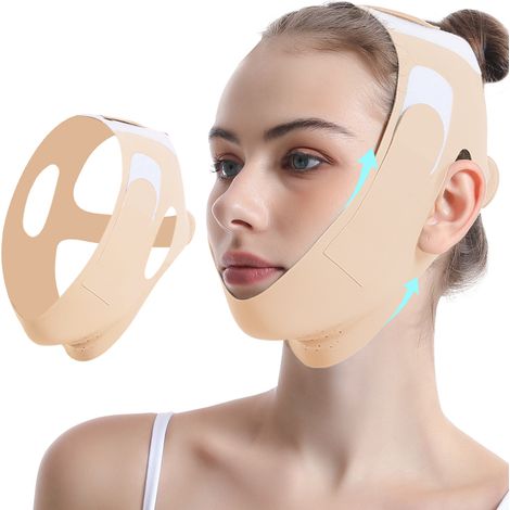 Réducteur de menton, Réducteur de menton pour femmes, Bande amincissante pour le visage, Bande minceur, Bandeau pour le visage, Masque liftant V-line, Beige