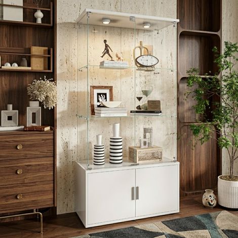 Vitrine en Verre avec Led,Armoire Vitrine Pour Collection avec 4 Porte 3 étagères Transparent,Meuble bas en bois, Meuble Vitrine Verre, Miroir Vitrines De Figurine Armoire, Blanc (1/5)