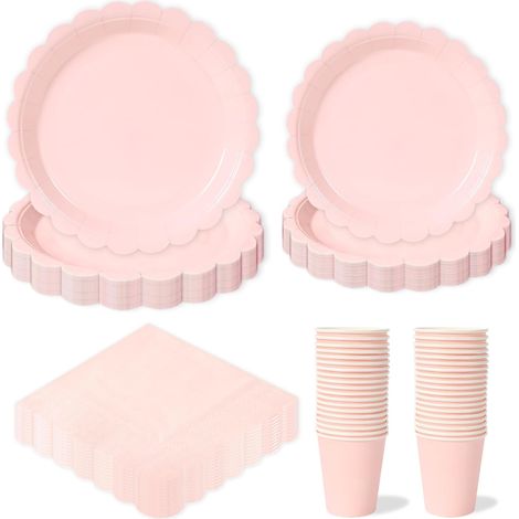 Vaisselle Jetable Rose - 96 Pièces - Carton - Pour 24 Invités - Anniversaire Fille (1/5)
