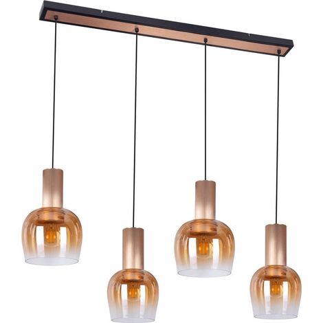 Suspension 4 Lumières Rétro en Verre Ambré et Métal Laiton Brossé Mat E27 L111cm - PANGIVO (1/4)