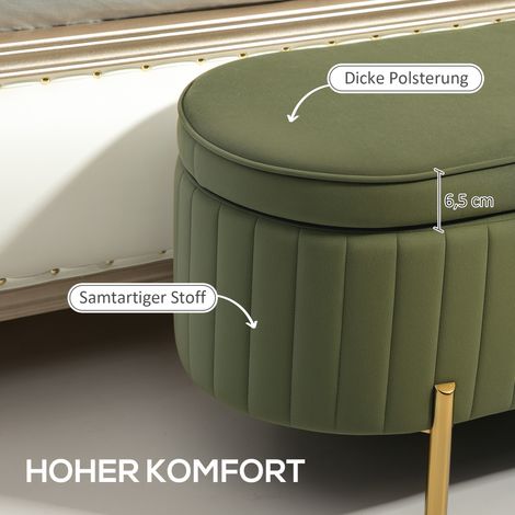 Banc coffre à couvercle articulé avec espace de stockage, revêtement textile, bois, métal, couleur vert forêt et doré
