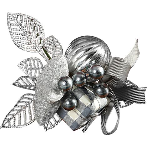 Cueillette d'arbre de nol en argent, tige à paillettes artificielles accrocheuse avec bote cadeau, feuilles de baies de pomme de pin pour décor de couronne (1/5)