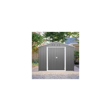 Abri de jardin robuste en métal anthracite, 2,44 m x 1,83 m, avec une porte à charnières pratique. Idéal pour ranger outils et matériel de jardinage.