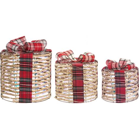 Conjunto de 3 decoraciones regalos de Navidad con luces LED blancas cálidas con lazos adornos festivos para interior plateado beige Vejlen