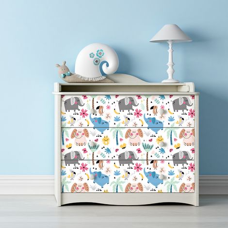 Sticker meuble pour enfant éléphants dans un champs de palmiers 40 x 60 cm (1/5)