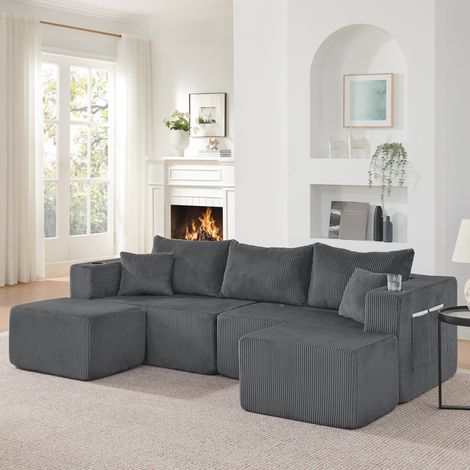Sofá esquinero modular de 3 plazas, en L, tejido de pana gris OKMYHOME