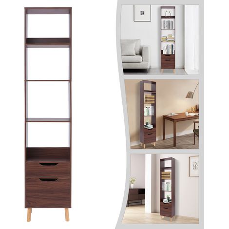 Bibliothèque 4 étagères – 40×24×180 cm, noyer, rangement intégré (tiroir + placard) , charge 40 kg – Gain de place vertical – Idéal pour petit espace (studio, couloir) (1/5)