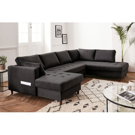 Lisa Design – Canapé panoramique d'angle droit 7 places convertible avec coffre – Revêtement velours 100% polyester – Dimensions L297 x P197 cm