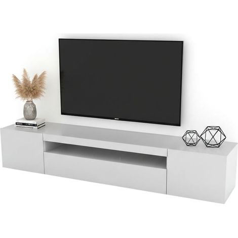 Dmora - Mobile porta TV Amore, Credenza bassa da soggiorno a 3 ante, Base porta televisione, 100% Made in Italy, cm 200x40h37, Bianco lucido, con luce LED