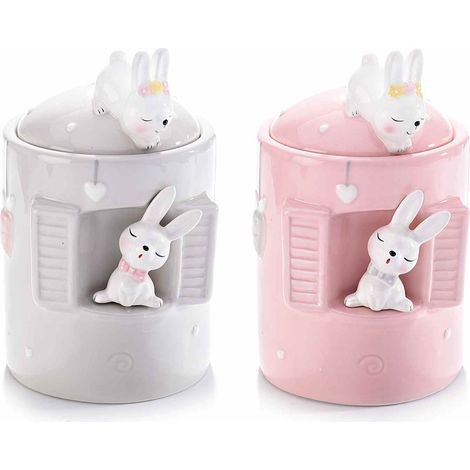 Contenitori / barattoli / biscottiere per alimenti in ceramica colorata con coniglietti decorativi alla finestra, set da 4 pezzi, Ø 10 cm x 16,5 H