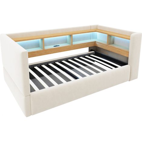 Letto contenitore multifunzione in tessuto beige 90 x 190 cm con LED e prese (1/5)