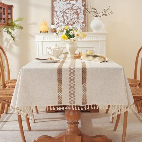 Rechteckige Tischdecke aus Baumwolle/Leinen mit Quasten, wasserdicht, knitterfrei, für Küche, Esszimmer, Tischdekoration (beige, 140 x 140 cm) (1/5)
