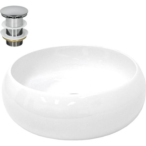 ECD Germany Lavabo da Appoggio Rotondo Ø 400 x 350 x 155 mm Lavandino Bacinella Lavamani Lavello Sanitari da Bagno Lavandino in Ceramica su Piano Design Moderno con Raccordo di Scarico Universale (1/5)
