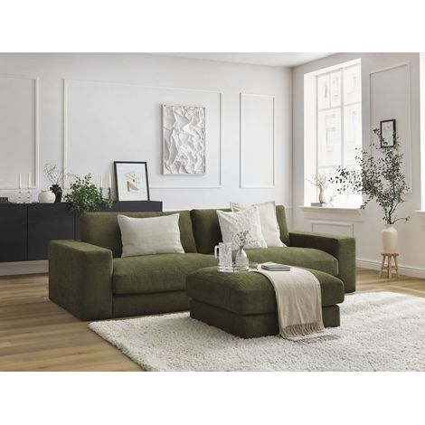 BOBOCHIC - Canapé droit fixe 3 places LEONARD tissu texturé avec pouf Vert (1/5)