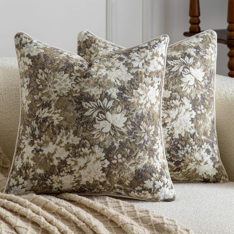 Lot de 2 décoratives Motifs Floraux Housses de Coussin Jacquard Unies Douces pour canapé Salon et Chambre Ivoire Or Taupe 40x40 cm (1/5)