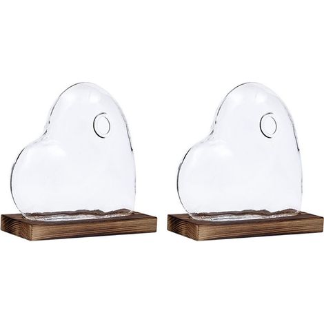 Vase décoratif en verre lot de 2, design cœur nordique avec support bois vintage, idéal pour plantes hydroponiques et décoration bureau élégante (1/5)