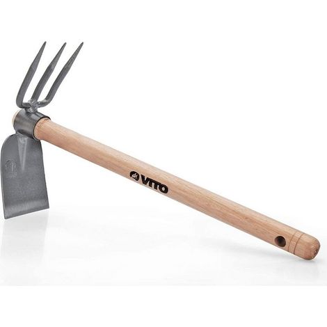 Serfouette avec panne et fourche 3 dents Outil de jardin Manche bois Inox et Fer forgés à la main VITO