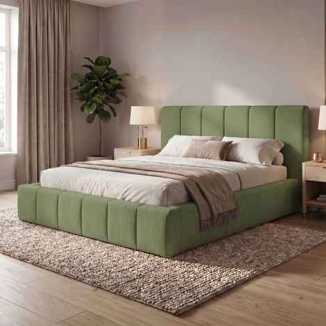 Lit coffre 140x190 effet bubble en tissu texturé vert olive (1/5)