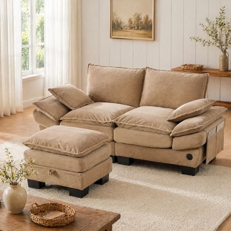 sofá 2 plazas con puff de pana khaki OKMYHOME (1/5)