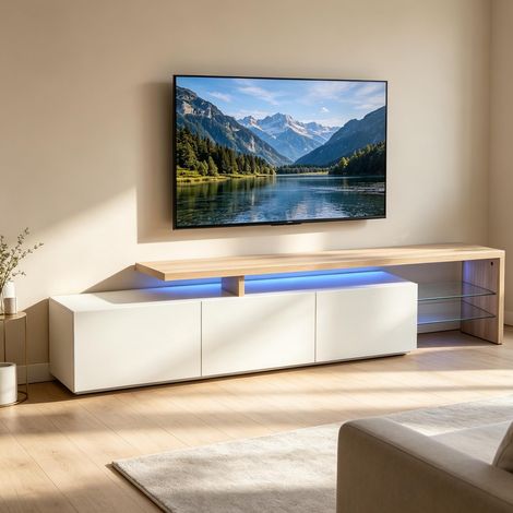 Mobile TV moderno - bianco brillante e finitura in legno chiaro - con vano contenitore - striscia LED RGB - ideale per soggiorni moderni. (1/5)