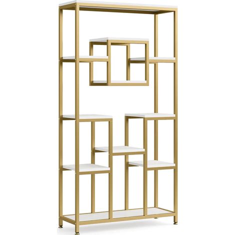 Bibliothèque ouverte dorée en métal et bois, design géométrique, étagère sur pied (1/5)