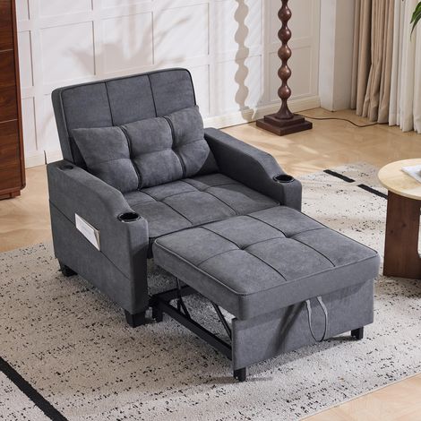 Ce canapé-lit extensible 3 en 1 est équipé d'un porte-gobelet et d'un port USB. Il peut servir de canapé, de fauteuil inclinable ou de fauteuil classique, ce qui le rend idéal pour les petits espaces. (1/5)