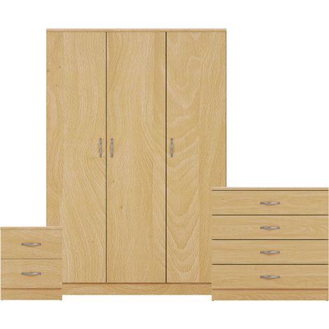 Riano 3 Piece Bedroom Set (2 Drawer Bedside Chest, 4 Drawer Chest, 3 Door Wardrobe), Pine (1/3)