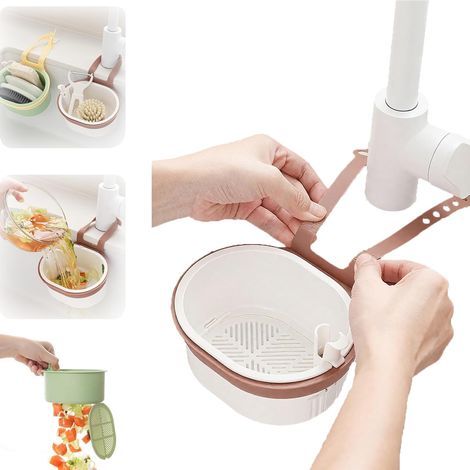 Crépine et panier d'égouttage muraux pour robinet d'évier - Récupérateur de déchets d'angle - Étagère de rangement pour fruits, légumes et accessoires d'évier - Accessoires de cuisine (1/5)