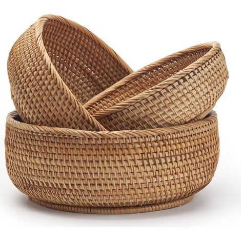 Round Rattan Storage Basket, Wicker Fruit Basket, Natural Woven Organizer for Kitchen/Dining Room (Round) (1/5)