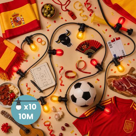 Guirlande Guinguette 10M 10 Bulbes Filament Espagne - Guirlande Lumineuse Ampoule E27 Rouge Jaune - Édition Coupe du Monde - Guirlande Guinguette Led Filament rétro (1/5)