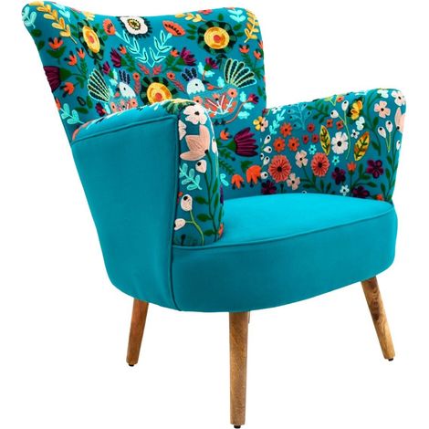 Poltrona in cotone turchese con fiori e uccelli 83 cm