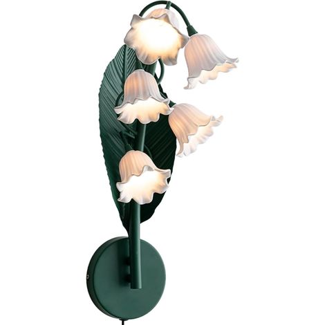 Applique Murale Fleur Lampe Murale Luminaire Mural Éclairage Intérieur Style Botanique avec Dos en Forme de Feuille et Abat-jour Pétales Lumière Douce, Blanc, Campanule (1/4)