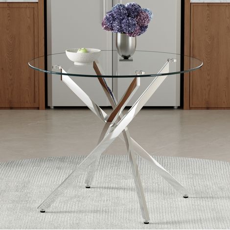 Mesa de comedor redonda 88x88x75 cm, vidrio templado, patas metálicas cruzadas, bordes redondeados, plateado transparente (1/5)