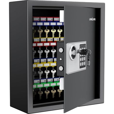 Armoire à clés à 70 positions avec combinaison et serrure à clé - Fixation murale - Organiseur de clés numérique réinitialisable - Noir - Avec serrure à clavier - Supports réglables (1/5)