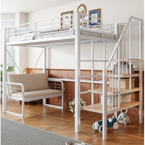 Letto a castello 251.5x95x170 cm bianco in metallo e MDF con divano, scala contenitore e spazio sottoletto (1/5)