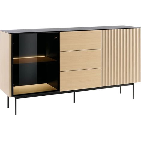 Credenza 2 ante e 3 cassetti con LED in MDF e vetro fumé Naturale chiaro e Nero - SAYERA (1/4)
