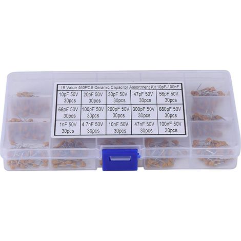 Kit d'assortiment de condensateurs en céramique, 450pcs 15 valeurs 10pF-100nF Condensateur en céramique multicouche avec boîte pour l'électronique de loisirs, audio-vidéo (1/5)