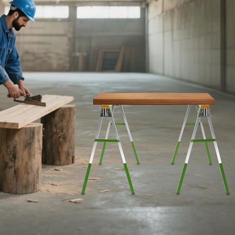 Set of 2 Adjustable Telescopic Builders Trestle, DIY Steel Work Bench Carpenter, Portable Workshop & Construction Support, Folding Saw Horse Tools (Green) (1/5)