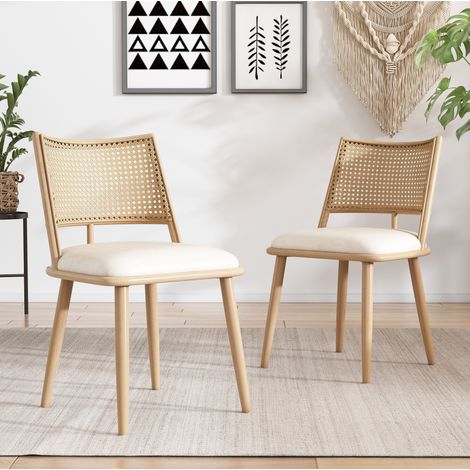 Juego de 2 sillas de comedor beige de ratán con asiento acolchado de PU (1/5)