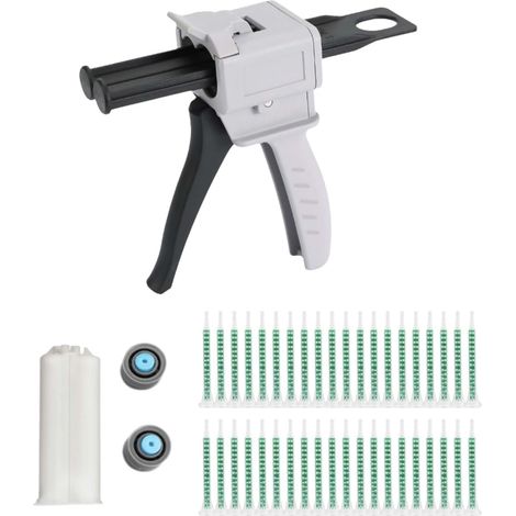 Pistolet à colle époxy AB, 1:1 Pistolet a Colle 50ML, Pistolet à Colle Set, 50ml Pistolet Distributeur Époxy, Blanc cassé,seringue de mélange 83 mm 50 pièces, 50 ml-1:1, légère, flexible, durable (1/5)