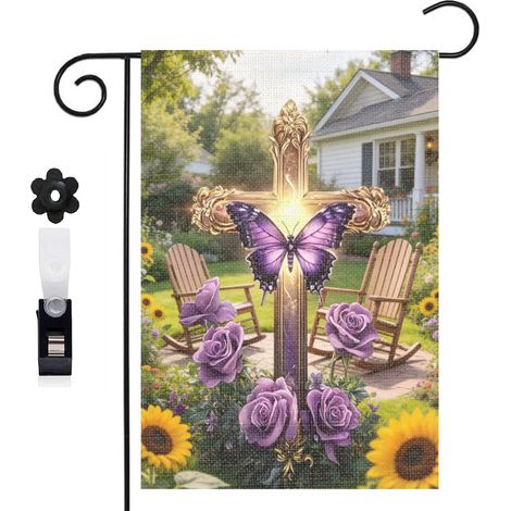 Bannière de cour roses violettes et croix lumineuse 30 x 45 cm décoration porche et maison (1/5)
