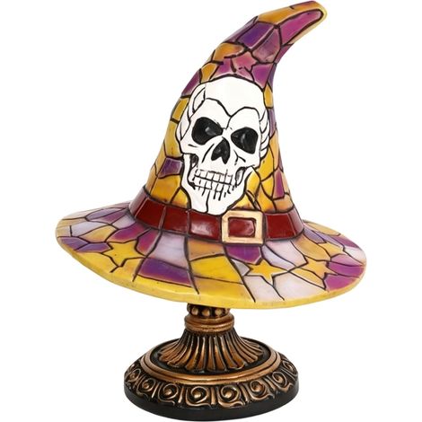 Lampe Chapeau de Sorcière Halloween avec Crâne, Veilleuse Décorative Style Vitrail USB en Résine, Décoration Gothique pour Chambre et Étagère, Hauteur 20 cm (1/5)