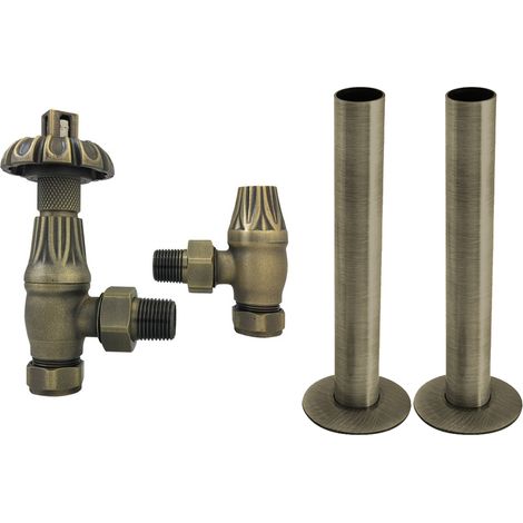 Thermostatic TRV Traditional Radiator Angled Valves Pipes Collars Antique Brass (1/5)