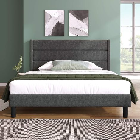 Lit rembourré 140x200 cm avec sommier à lattes et tête de lit, tissu effet lin gris foncé, matelas inclus, design moderne (1/5)
