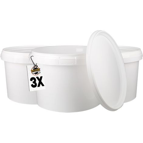 3 seaux en plastique avec couvercle, poignée en plastique,PP, rond,3 litres, qualité alimentaire blanc