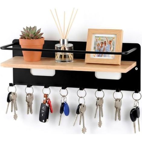 Porte Clef Mural avec 8 Crochets, Porte-clés en Bois avec étagère  Porte Cles Murale en Métal et Bois, Porte Cle Mural avec étagère Organiseur pour Entrée, Couloir, Chambre, Salon (1/4)