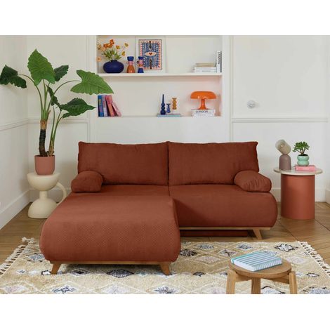 Cristal - 3-sitzer sofa - schlaffunktion und bettkasten und großer hocker - aus strukturiertem samt - terrakotta (1/5)