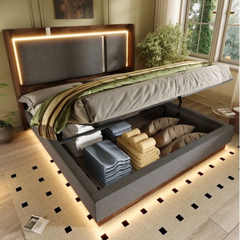 Letto matrimoniale 140x200 cm grigio e noce in lino e legno con LED e contenitore (1/5)